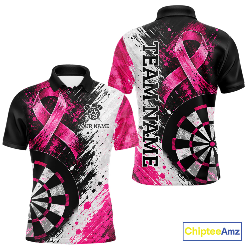 Grunge White & Pink Ribbon Mens Darts Jersey Custom Breast Cancer Awareness Darts Polo 1/4-Zip Shirt NYN4890