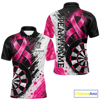 Grunge White & Pink Ribbon Mens Darts Jersey Custom Breast Cancer Awareness Darts Polo 1/4-Zip Shirt NYN4890