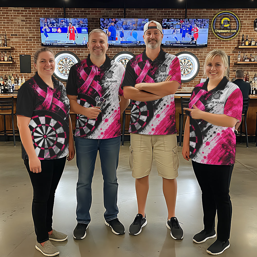 Grunge White & Pink Ribbon Women Darts Jersey Custom Breast Cancer Awareness Darts Polo 1/4-Zip Shirt NYN4890