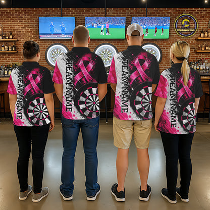 Grunge White & Pink Ribbon Women Darts Jersey Custom Breast Cancer Awareness Darts Polo 1/4-Zip Shirt NYN4890