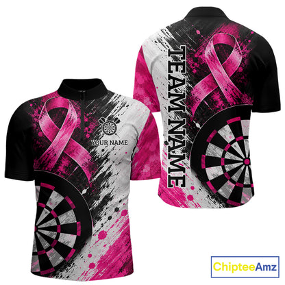 Grunge White & Pink Ribbon Mens Darts Jersey Custom Breast Cancer Awareness Darts Polo 1/4-Zip Shirt NYN4890