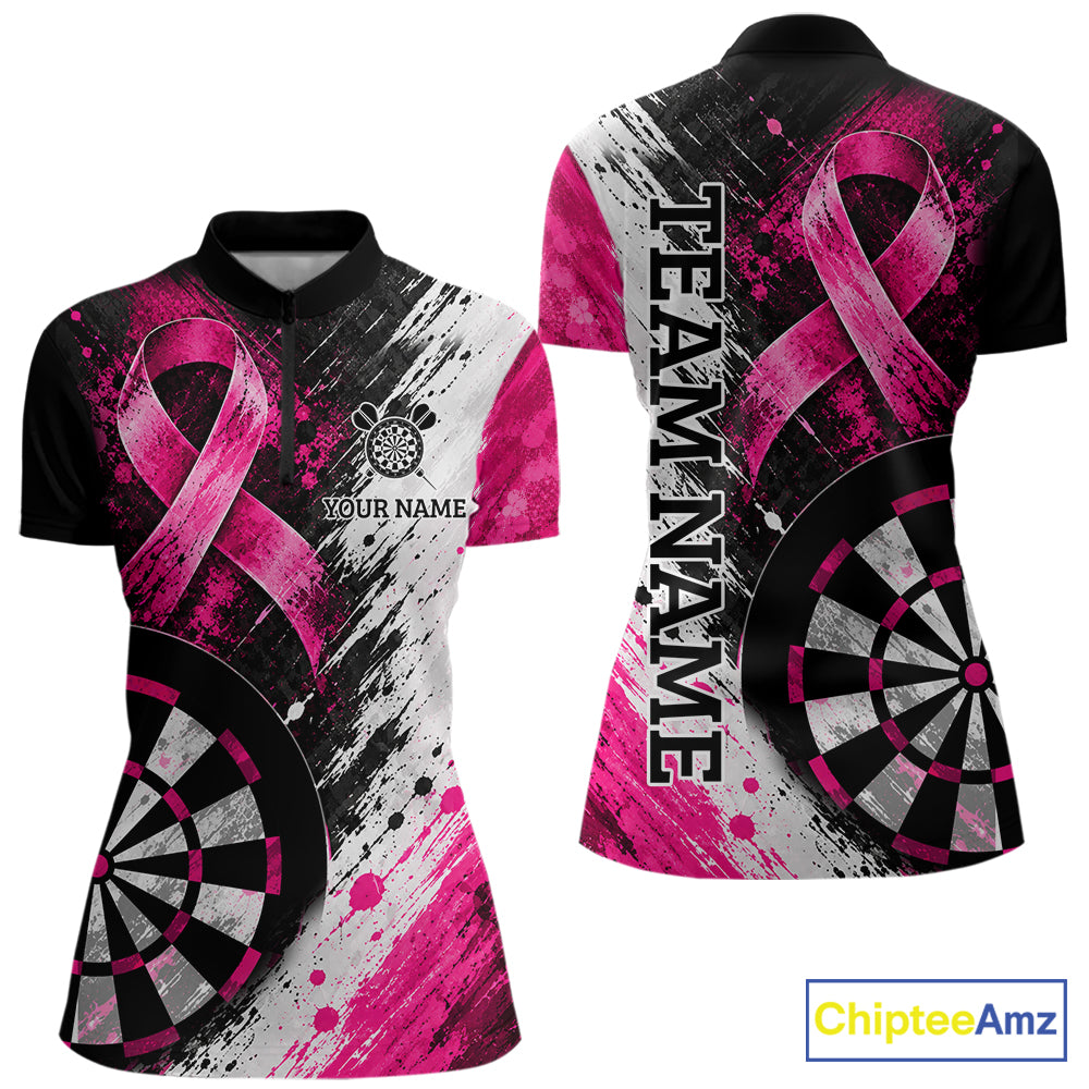 Grunge White & Pink Ribbon Women Darts Jersey Custom Breast Cancer Awareness Darts Polo 1/4-Zip Shirt NYN4890