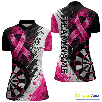 Grunge White & Pink Ribbon Women Darts Jersey Custom Breast Cancer Awareness Darts Polo 1/4-Zip Shirt NYN4890