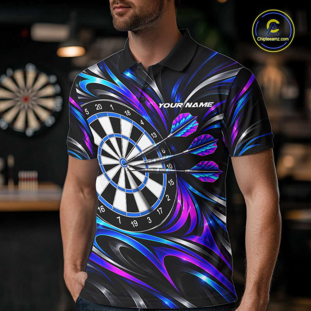 Pink & Blue Tribal Darts Polo 1/4-Zip Shirt For Men Custom Neon Strikes Darts Team Jersey NYN4896