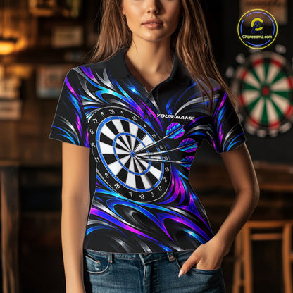 Pink & Blue Tribal Darts Polo 1/4-Zip Shirt For Women Custom Neon Strikes Darts Team Jersey NYN4896
