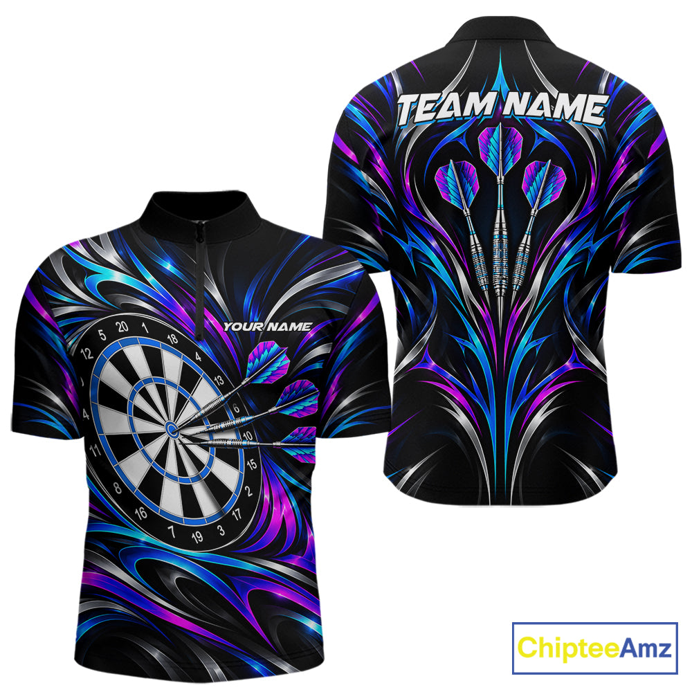 Pink & Blue Tribal Darts Polo 1/4-Zip Shirt For Men Custom Neon Strikes Darts Team Jersey NYN4896