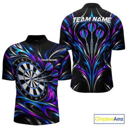 Pink & Blue Tribal Darts Polo 1/4-Zip Shirt For Men Custom Neon Strikes Darts Team Jersey NYN4896