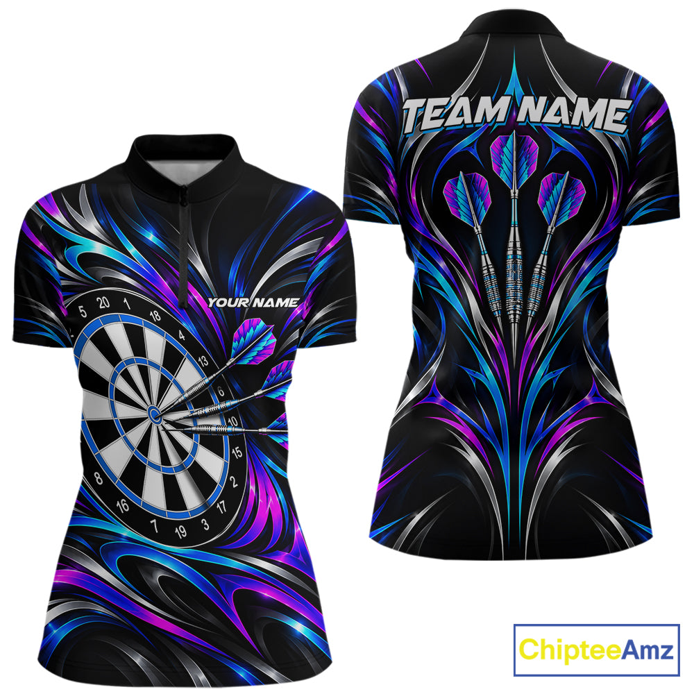 Pink & Blue Tribal Darts Polo 1/4-Zip Shirt For Women Custom Neon Strikes Darts Team Jersey NYN4896