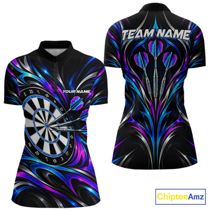 Pink & Blue Tribal Darts Polo 1/4-Zip Shirt For Women Custom Neon Strikes Darts Team Jersey NYN4896