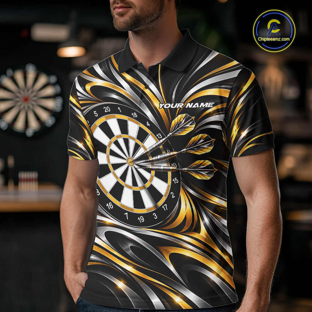 Gold & Silver Tribal Darts Polo 1/4-Zip Shirt For Men Custom Neon Strikes Darts Team Jersey NYN4897