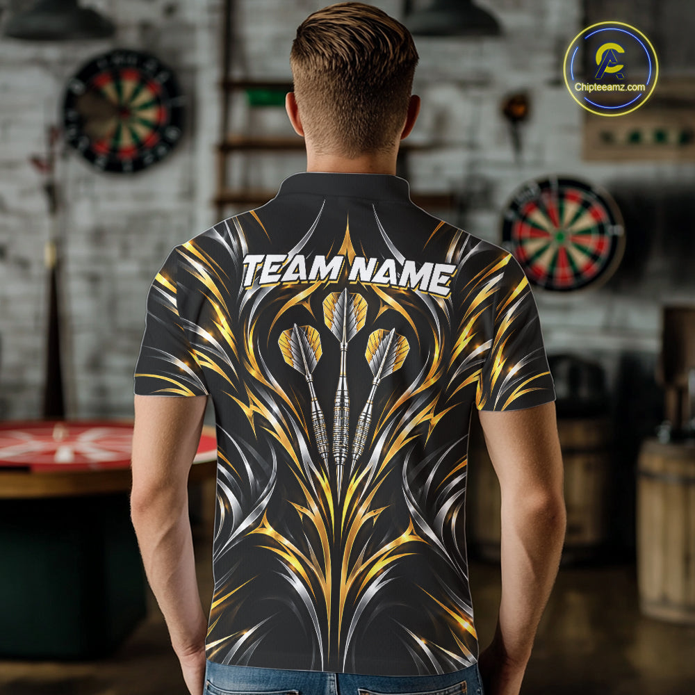 Gold & Silver Tribal Darts Polo 1/4-Zip Shirt For Men Custom Neon Strikes Darts Team Jersey NYN4897