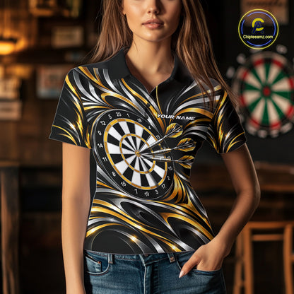 Gold & Silver Tribal Darts Polo 1/4-Zip Shirt For Women Custom Neon Strikes Darts Team Jersey NYN4897