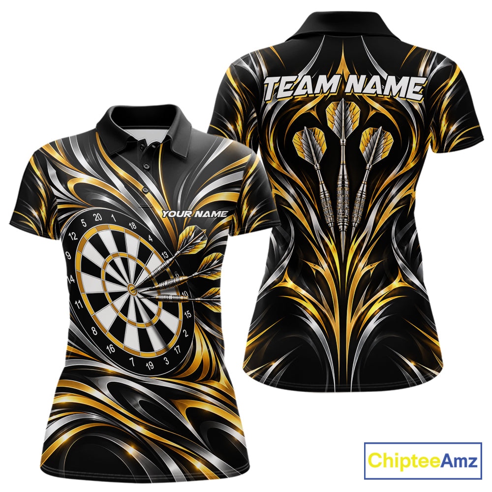 Gold & Silver Tribal Darts Polo 1/4-Zip Shirt For Women Custom Neon Strikes Darts Team Jersey NYN4897