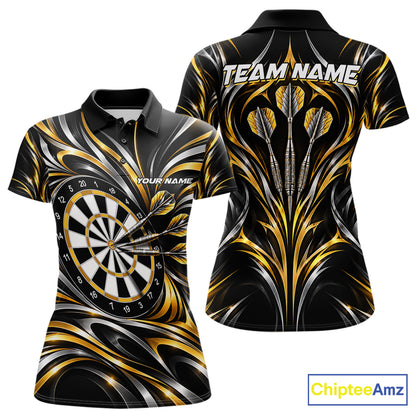 Gold & Silver Tribal Darts Polo 1/4-Zip Shirt For Women Custom Neon Strikes Darts Team Jersey NYN4897