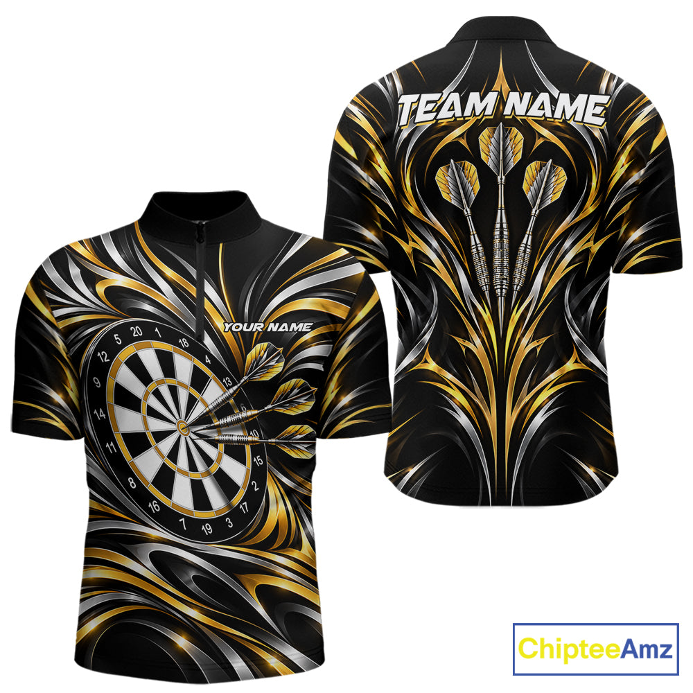 Gold & Silver Tribal Darts Polo 1/4-Zip Shirt For Men Custom Neon Strikes Darts Team Jersey NYN4897