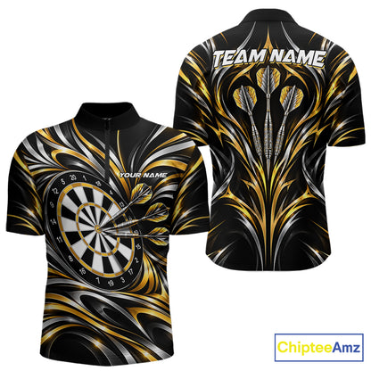 Gold & Silver Tribal Darts Polo 1/4-Zip Shirt For Men Custom Neon Strikes Darts Team Jersey NYN4897