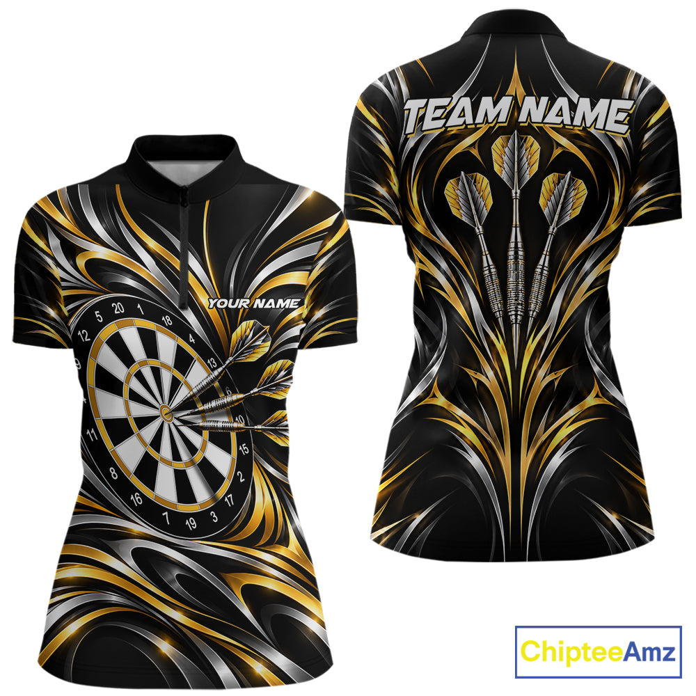 Gold & Silver Tribal Darts Polo 1/4-Zip Shirt For Women Custom Neon Strikes Darts Team Jersey NYN4897