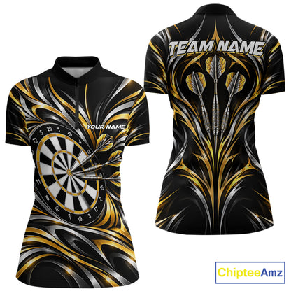 Gold & Silver Tribal Darts Polo 1/4-Zip Shirt For Women Custom Neon Strikes Darts Team Jersey NYN4897