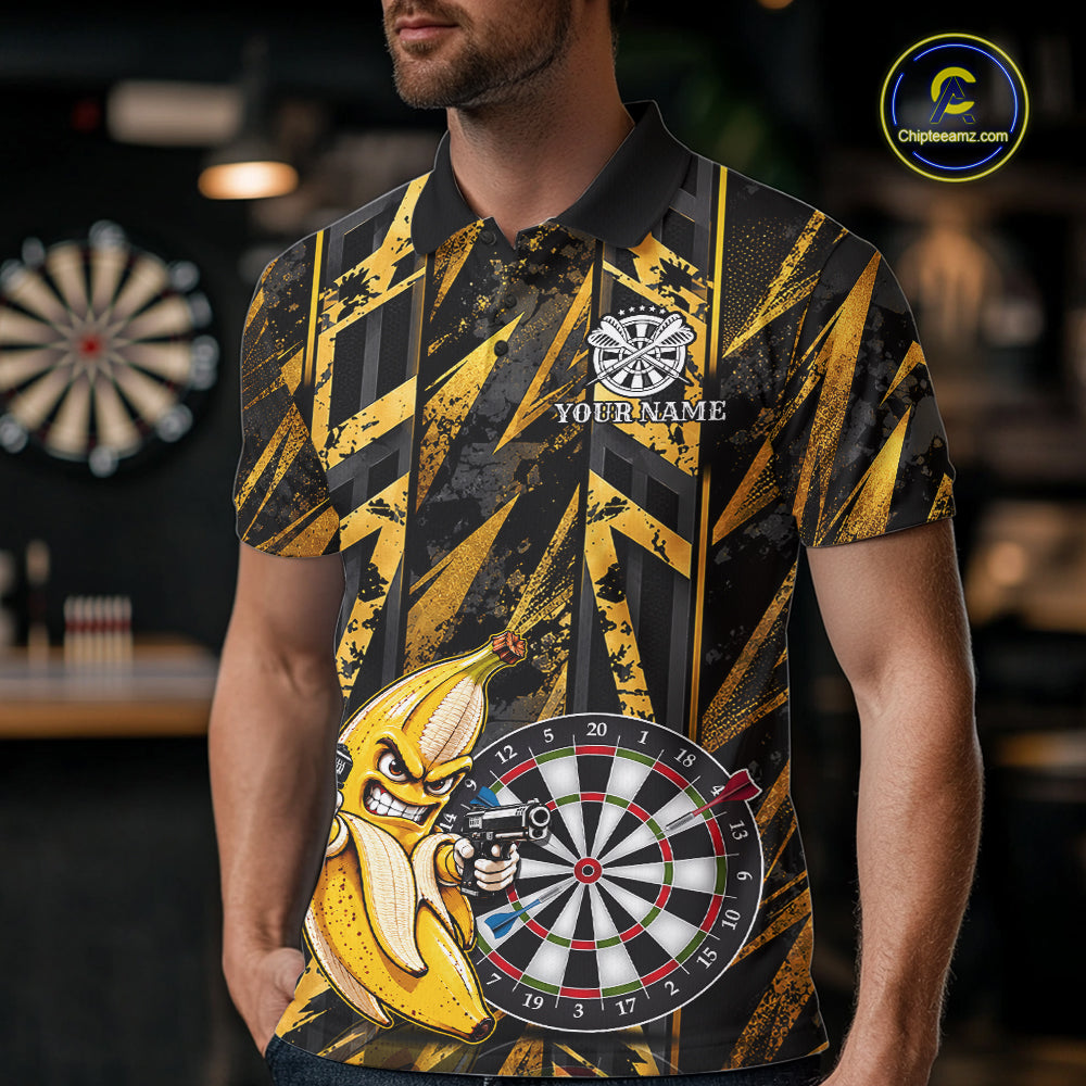 Gun Banana Funny Darts Polo Quarter-Zip Shirt For Men Custom Grunge Gold Darts Team Uniform Jersey NYN4902