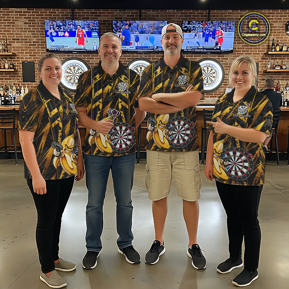 Gun Banana Funny Darts Polo Quarter-Zip Shirt For Men Custom Grunge Gold Darts Team Uniform Jersey NYN4902