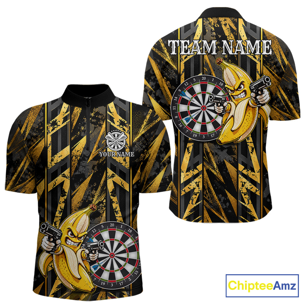 Gun Banana Funny Darts Polo Quarter-Zip Shirt For Men Custom Grunge Gold Darts Team Uniform Jersey NYN4902