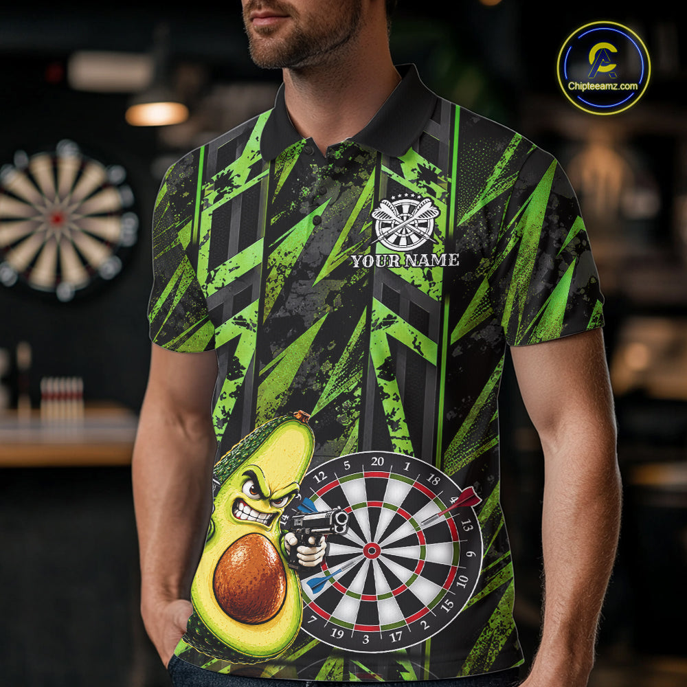 Gun Avocado Funny Darts Polo Quarter-Zip Shirt For Men Custom Grunge Green Darts Team Uniform Jersey NYN4903