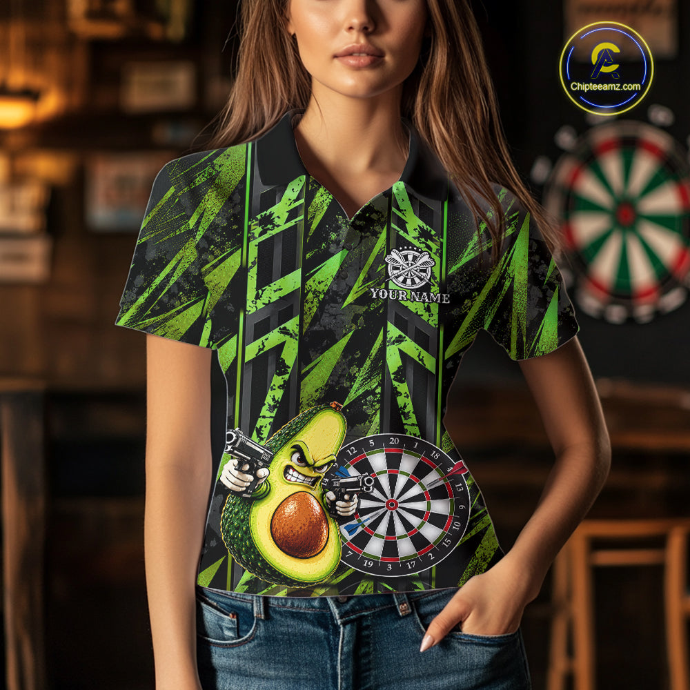 Gun Avocado Funny Darts Polo Quarter-Zip Shirt For Women Custom Grunge Green Darts Team Uniform Jersey NYN4903