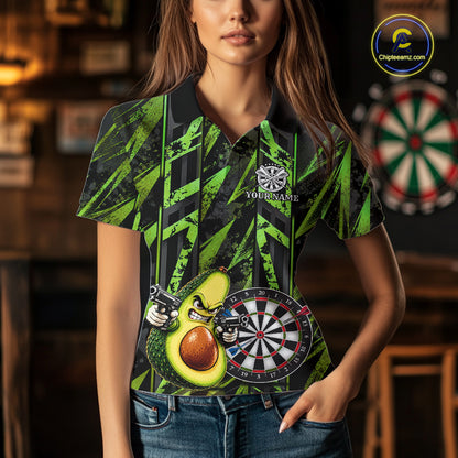 Gun Avocado Funny Darts Polo Quarter-Zip Shirt For Women Custom Grunge Green Darts Team Uniform Jersey NYN4903