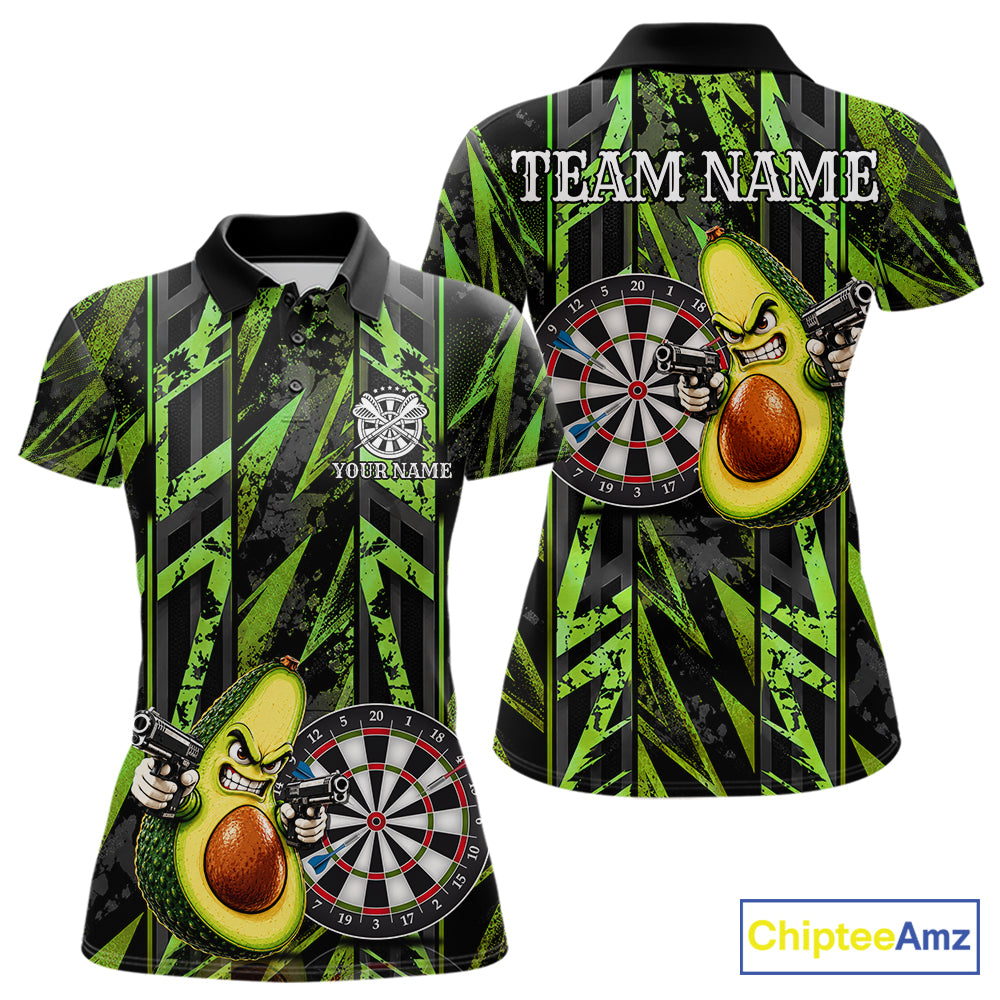 Gun Avocado Funny Darts Polo Quarter-Zip Shirt For Women Custom Grunge Green Darts Team Uniform Jersey NYN4903