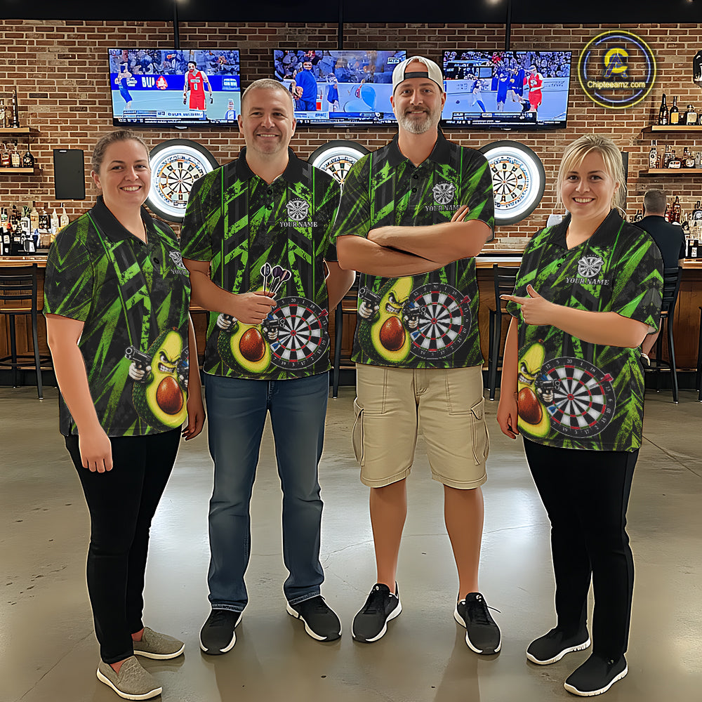 Gun Avocado Funny Darts Polo Quarter-Zip Shirt For Men Custom Grunge Green Darts Team Uniform Jersey NYN4903