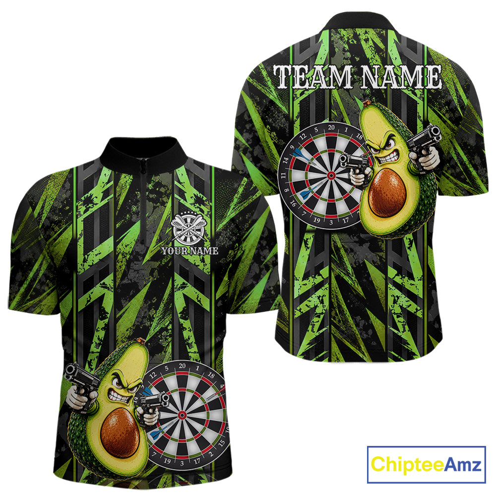 Gun Avocado Funny Darts Polo Quarter-Zip Shirt For Men Custom Grunge Green Darts Team Uniform Jersey NYN4903