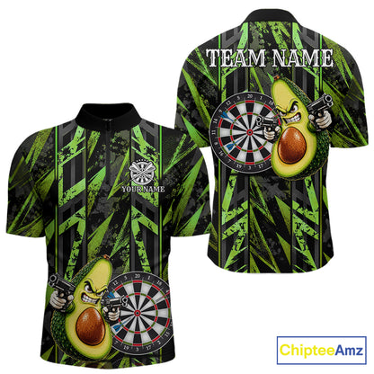 Gun Avocado Funny Darts Polo Quarter-Zip Shirt For Men Custom Grunge Green Darts Team Uniform Jersey NYN4903