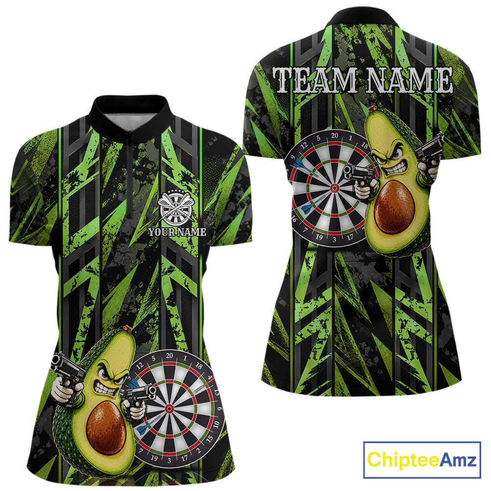 Gun Avocado Funny Darts Polo Quarter-Zip Shirt For Women Custom Grunge Green Darts Team Uniform Jersey NYN4903