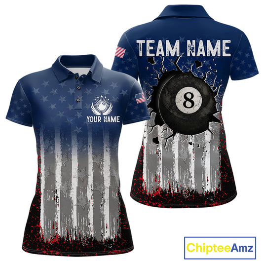 American Flag Cracked 8 Ball Billiard Pool Shirt For Women Custom Grunge Patriotic Billiard Team Jersey NYN3085