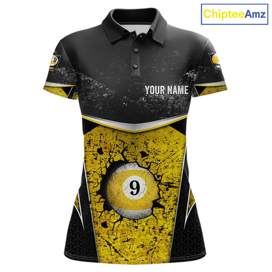 Black And Yellow Grunge Cracked 9 Ball Billiard Pool Shirt For Women Custom 9 Ball Billiard Team Jersey NYN3086