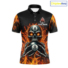 Load image into Gallery viewer, Fire Flame Skull 8 Ball men's billiard polo shirt custom red flame pool jersey, personalized billiards team uniform, tournament cue sports apparel