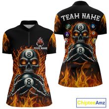 Load image into Gallery viewer, Fire Flame Skull 8 Ball women's quarter zip billiard shirt custom red flame pool team jersey, professional billiards apparel