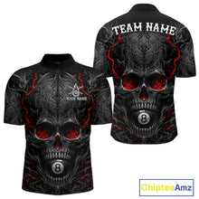 Load image into Gallery viewer, Black Red Flaming Skull 8 Ball men's quarter zip billiard shirt custom cue sports uniform, tournament pool jersey