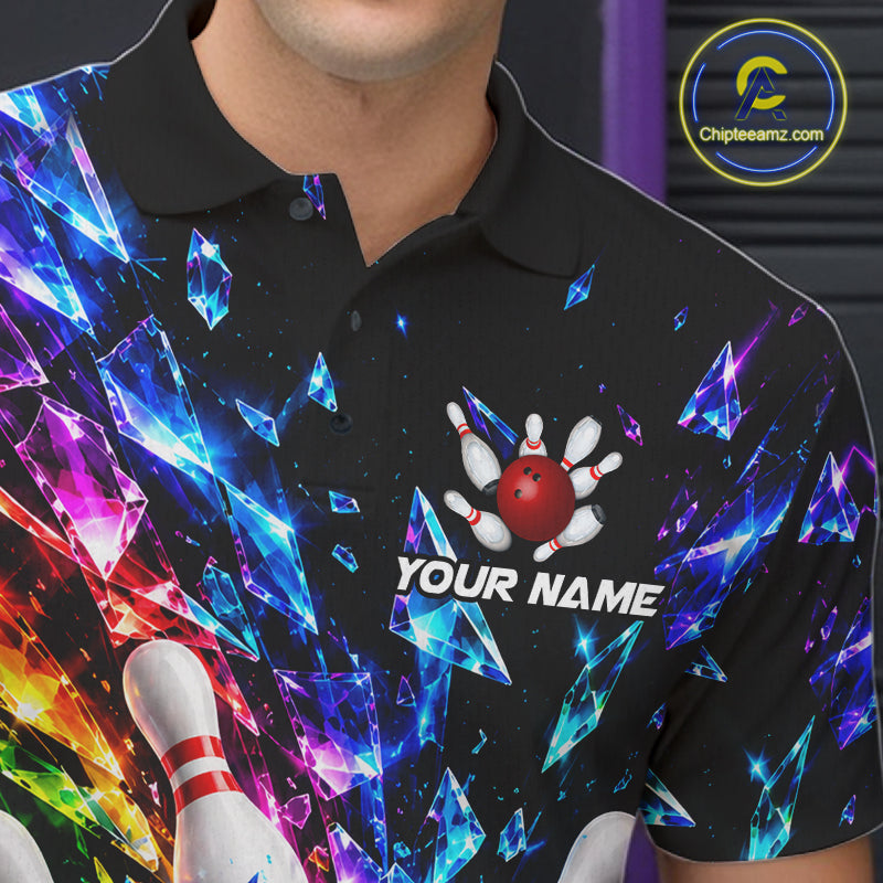 Colorful Crystal Broken Glass Mens Bowling Polo 1/4-Zip Shirt Custom Bowling Ball Pins Strike Jersey NYN4527