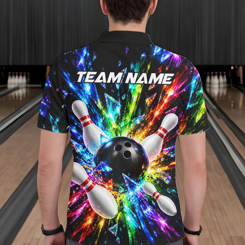 Colorful Crystal Broken Glass Mens Bowling Polo 1/4-Zip Shirt Custom Bowling Ball Pins Strike Jersey NYN4527