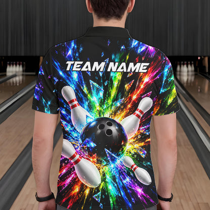 Colorful Crystal Broken Glass Mens Bowling Polo 1/4-Zip Shirt Custom Bowling Ball Pins Strike Jersey NYN4527