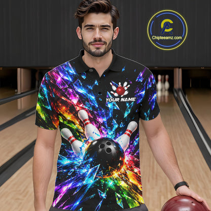 Colorful Crystal Broken Glass Mens Bowling Polo 1/4-Zip Shirt Custom Bowling Ball Pins Strike Jersey NYN4527