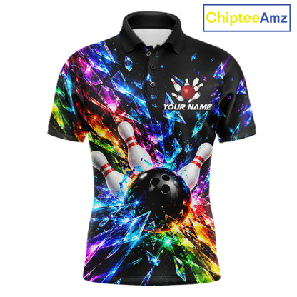 Colorful Crystal Broken Glass Mens Bowling Polo 1/4-Zip Shirt Custom Bowling Ball Pins Strike Jersey NYN4527