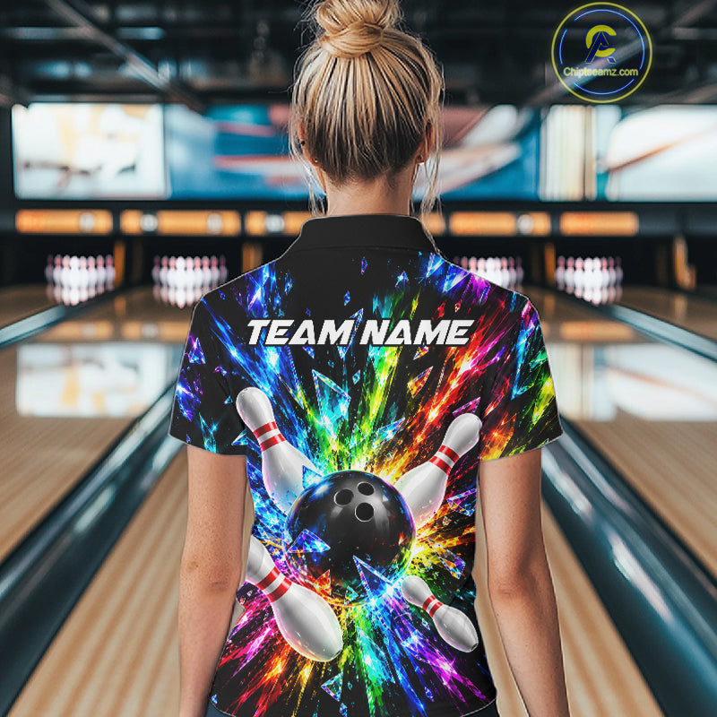 Colorful Crystal Broken Glass Women Bowling Polo 1/4-Zip Shirt Custom Bowling Ball Pins Strike Jersey NYN4527