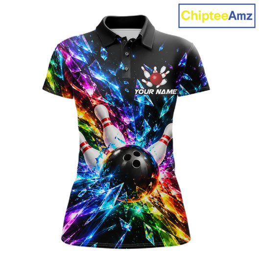 Colorful Crystal Broken Glass Women Bowling Polo 1/4-Zip Shirt Custom Bowling Ball Pins Strike Jersey NYN4527