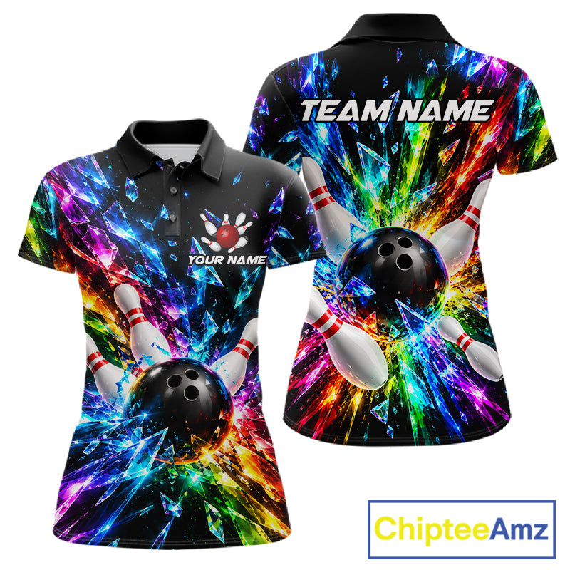 Colorful Crystal Broken Glass Women Bowling Polo 1/4-Zip Shirt Custom Bowling Ball Pins Strike Jersey NYN4527