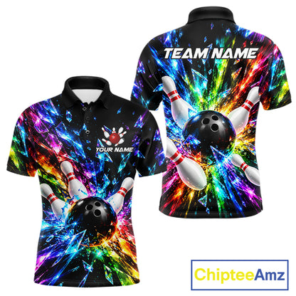 Colorful Crystal Broken Glass Mens Bowling Polo 1/4-Zip Shirt Custom Bowling Ball Pins Strike Jersey NYN4527