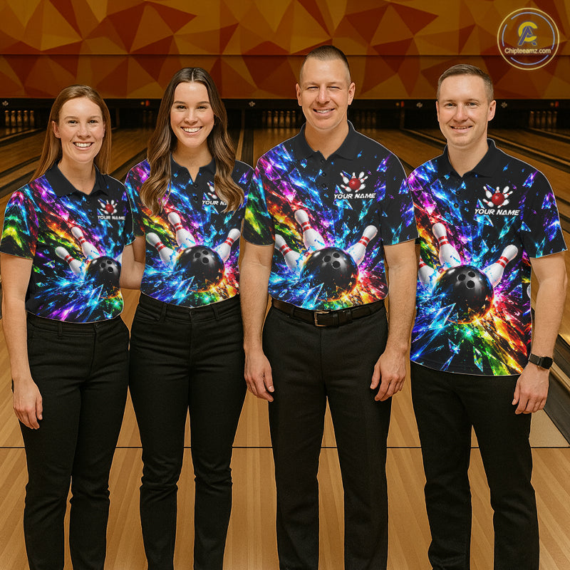 Colorful Crystal Broken Glass Mens Bowling Polo 1/4-Zip Shirt Custom Bowling Ball Pins Strike Jersey NYN4527