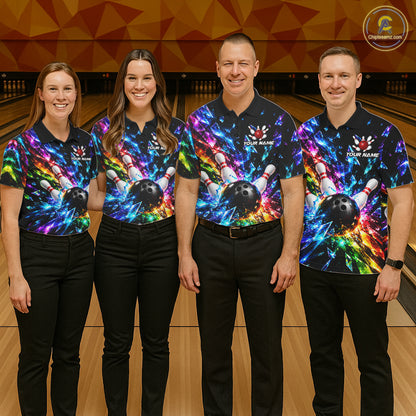 Colorful Crystal Broken Glass Mens Bowling Polo 1/4-Zip Shirt Custom Bowling Ball Pins Strike Jersey NYN4527