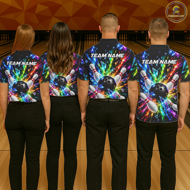 Colorful Crystal Broken Glass Mens Bowling Polo 1/4-Zip Shirt Custom Bowling Ball Pins Strike Jersey NYN4527